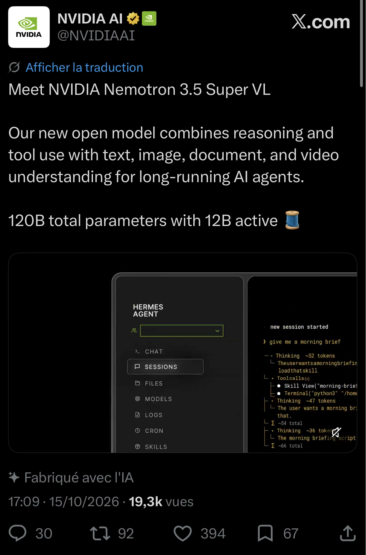 Screenshot of NVIDIA AI's announcement post for Nemotron 3.5 Super VL, with a demo video of the Hermes Agent web interface: a dark sidebar listing Chat, Sessions, Files, Models, Logs, Cron and Skills, next to a session log for the prompt 'give me a morning brief'